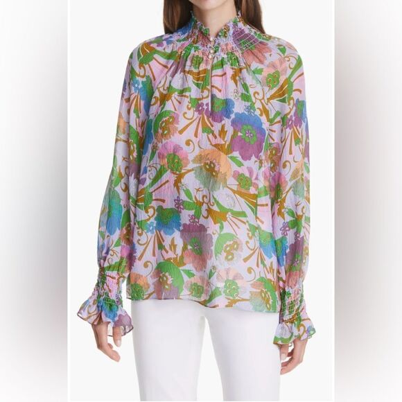 Tanya Taylor Alexis Top in Floral Print with Mock Neck, Size Medium - Picture 1 of 7